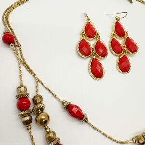 Long Layered Red and Gold Necklace